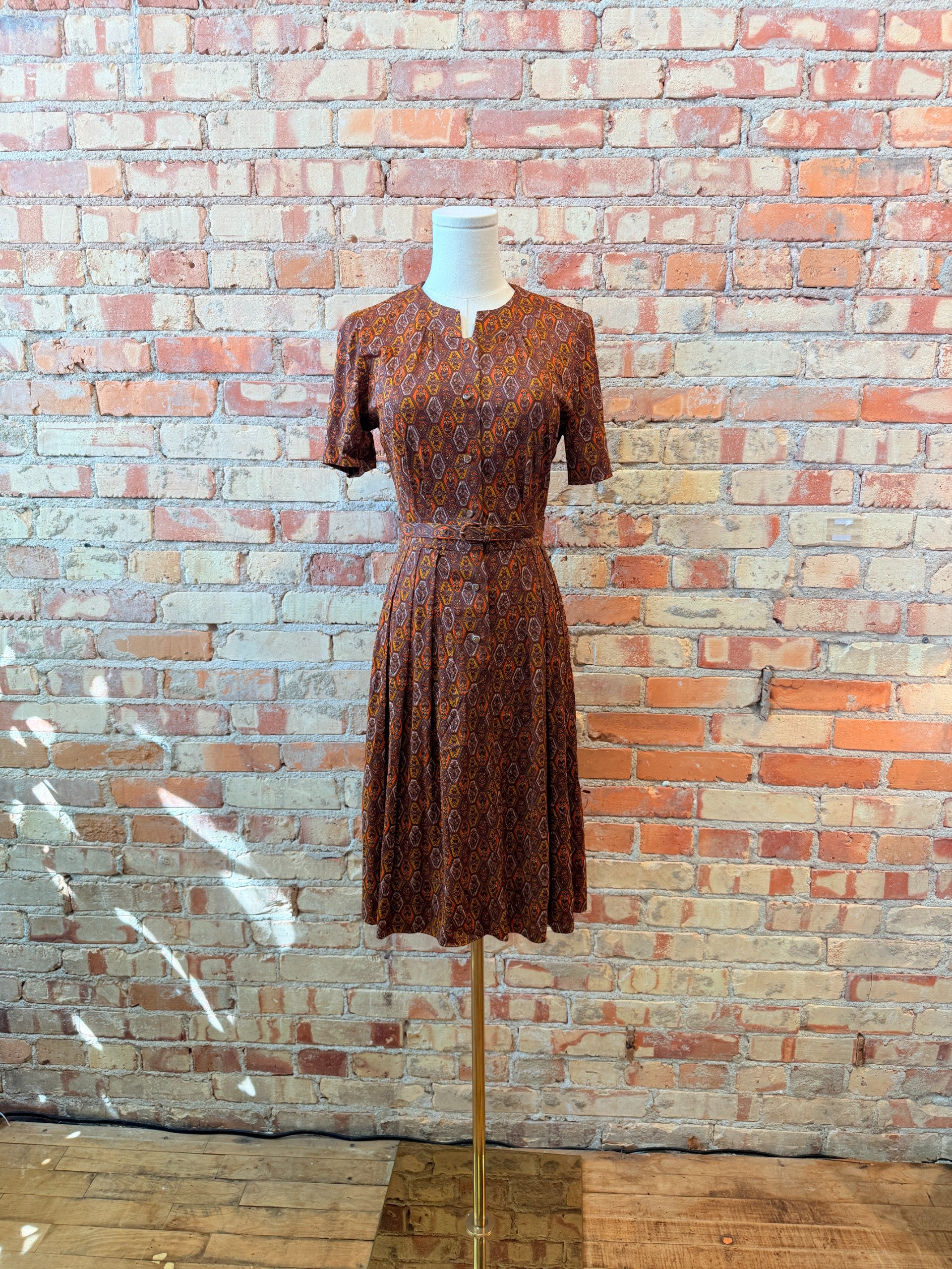 brown swing dress 1950's Korell Swing Dress Geometric Brown Size Small
