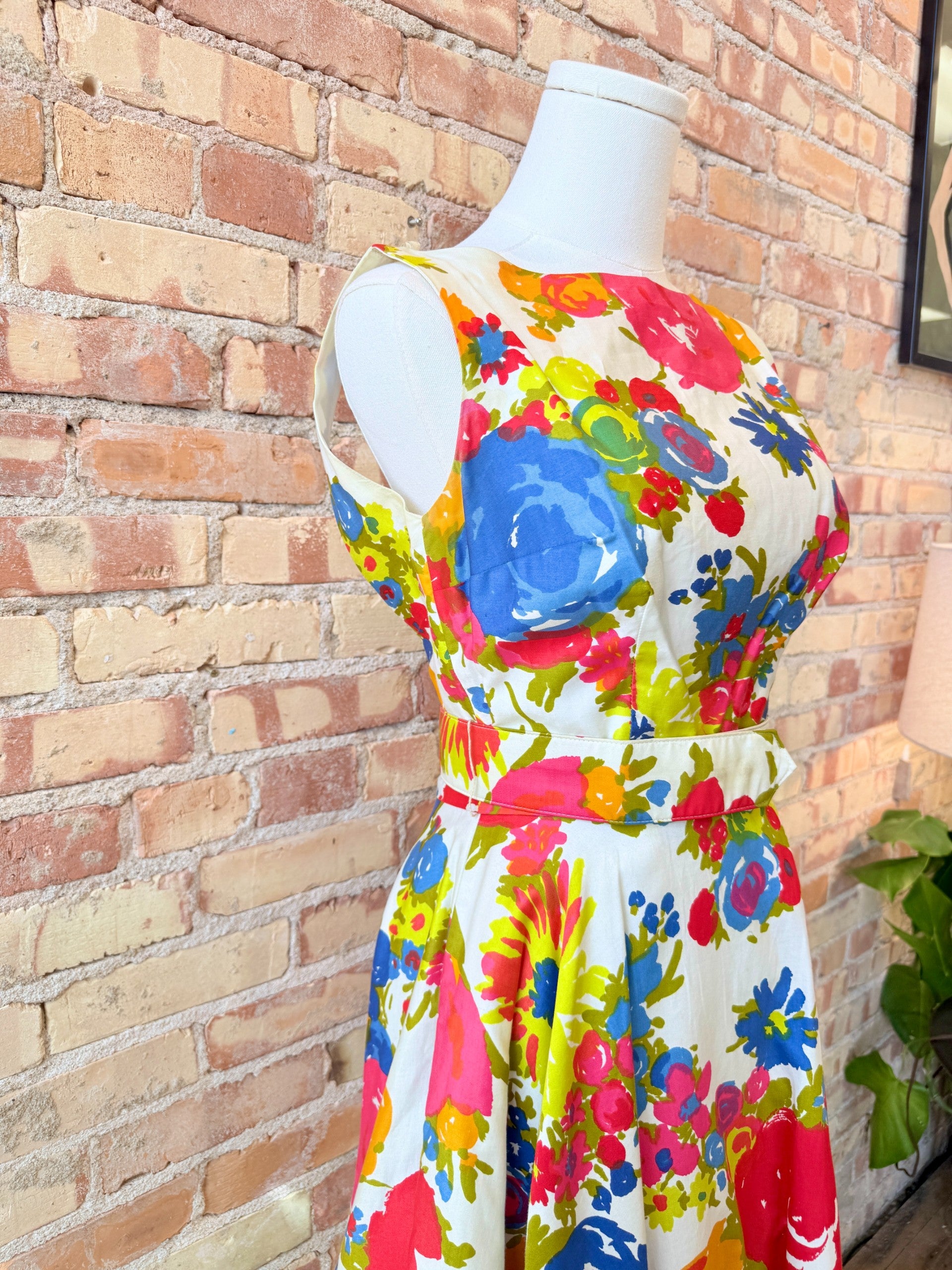 1960s Mini Dress Floral Cotton Backless Dress Size Small